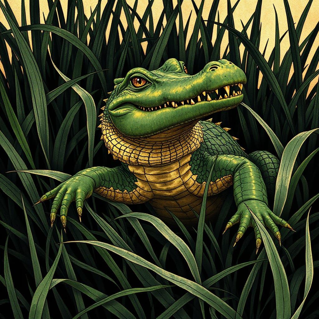 Art Nouveau Crocodile in Black, Gold, and Green