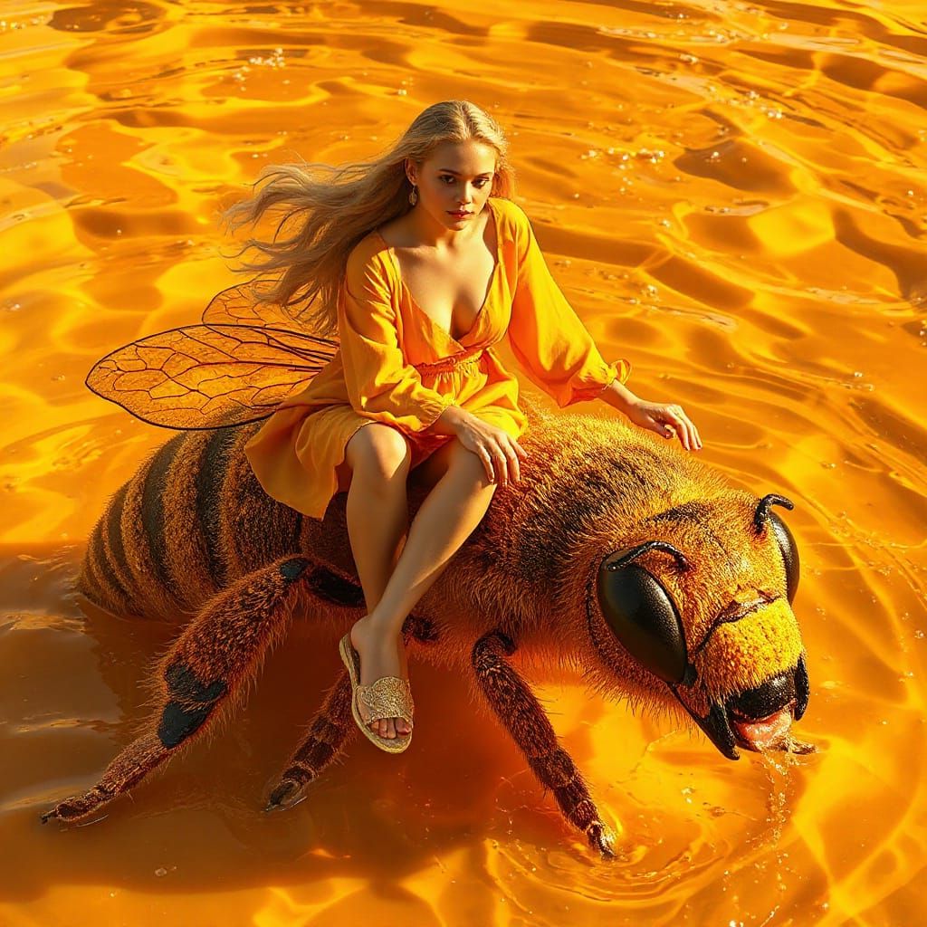 Woman on Gummy Bee in Honey Sea, Neon Futurism Style