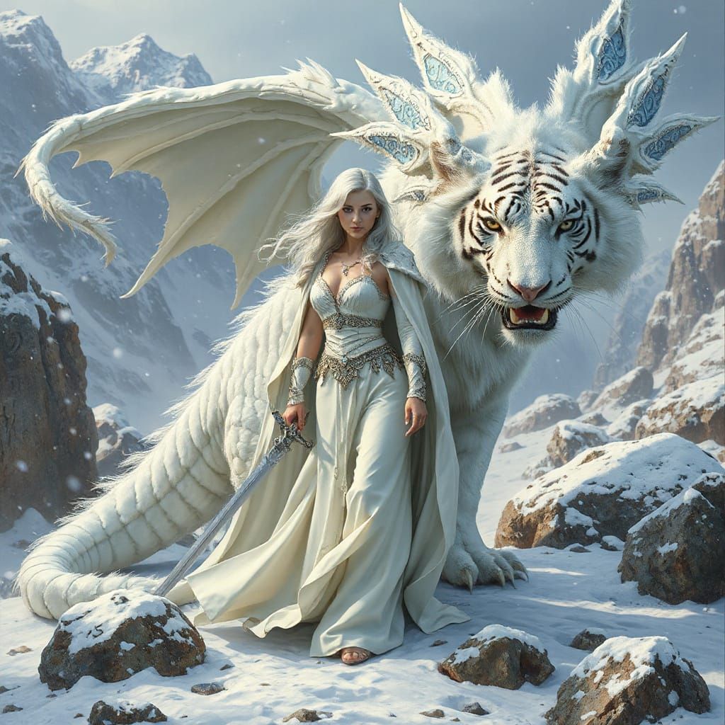 Celtic Warrior Princess with Tiger-Dragon in Snowy Landscape