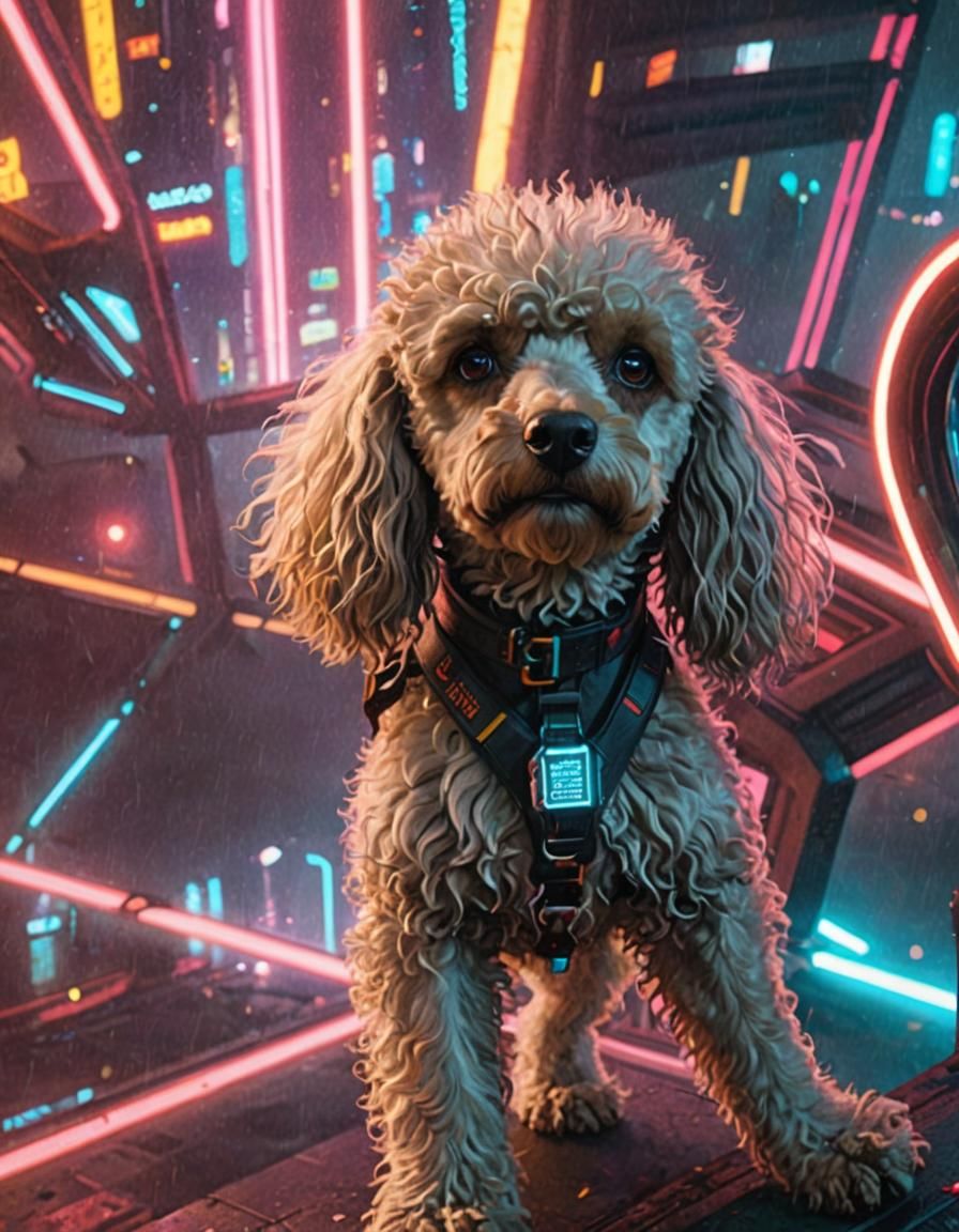 Giant Angelic Poodle in Cyberpunk Mountains