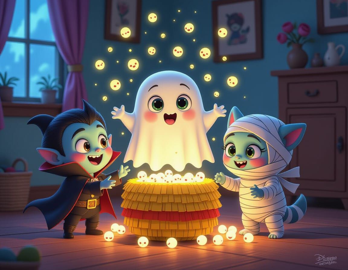 Monsters Break Ghost Piñata Releasing Soul-Orbs