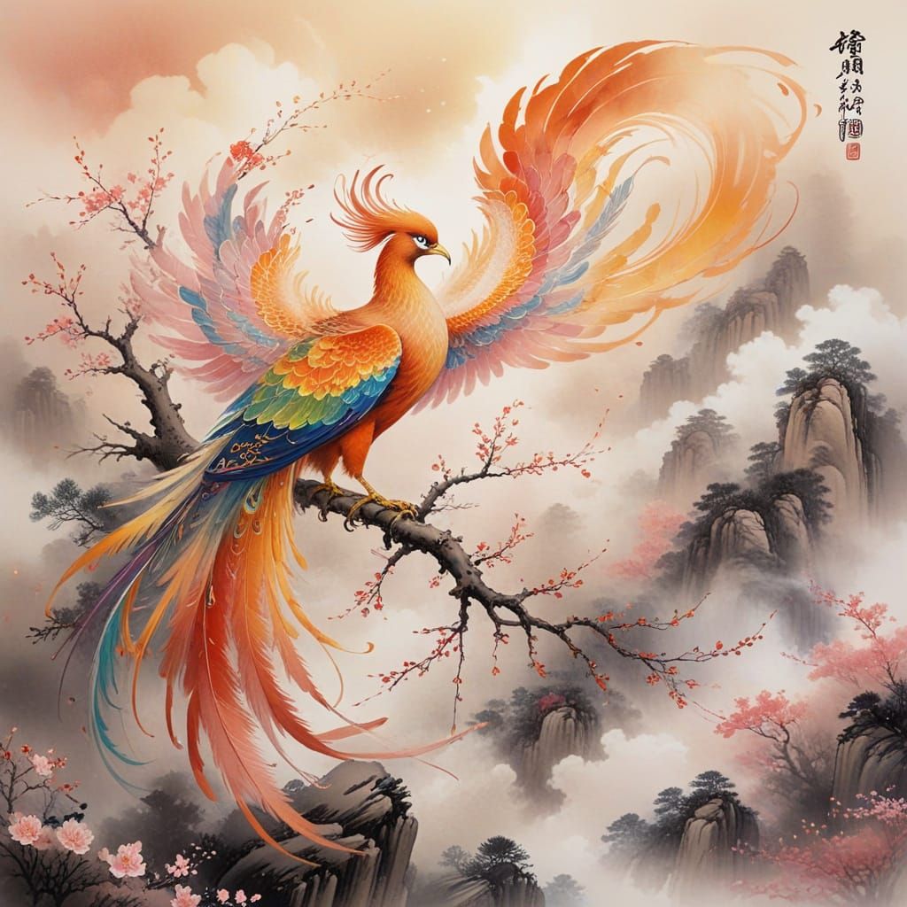 Chinese Phoenix with Rainbow Feathers in Ethereal Sky
