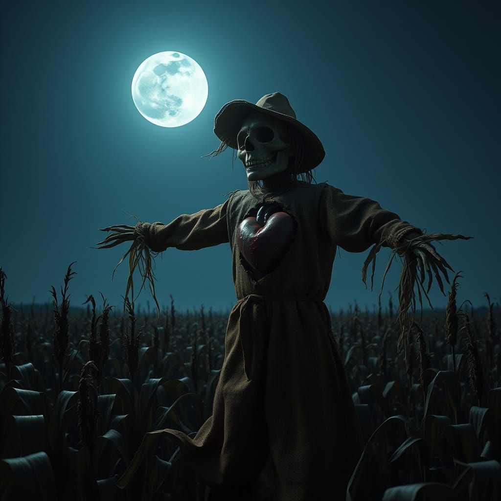 Bleeding Heart Scarecrow in Moonlit Field