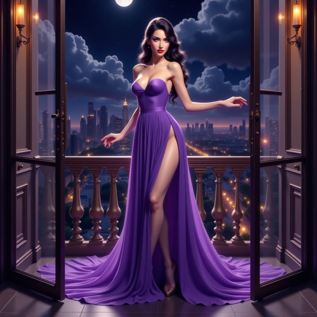 Korean Woman in Violet Dress on Balcony
