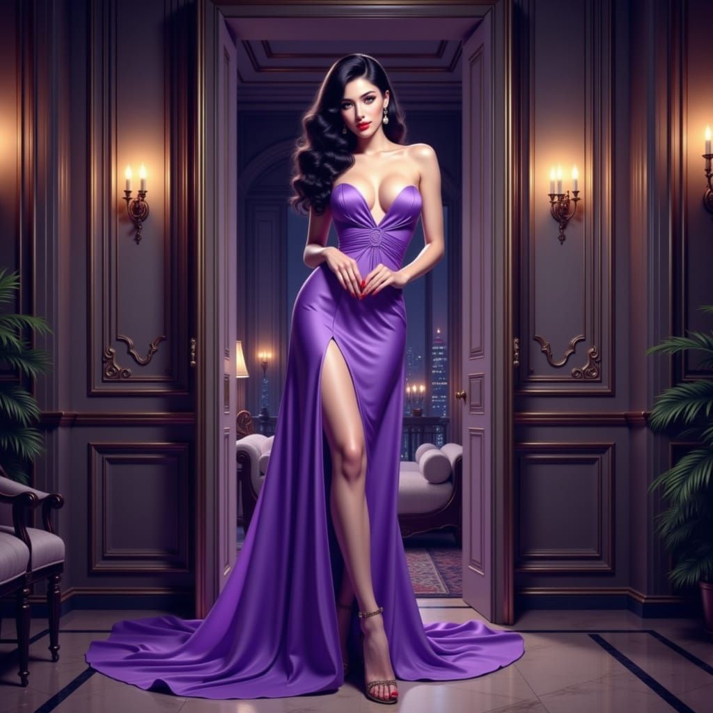 Korean Woman in Violet Dress, Pin-Up Style