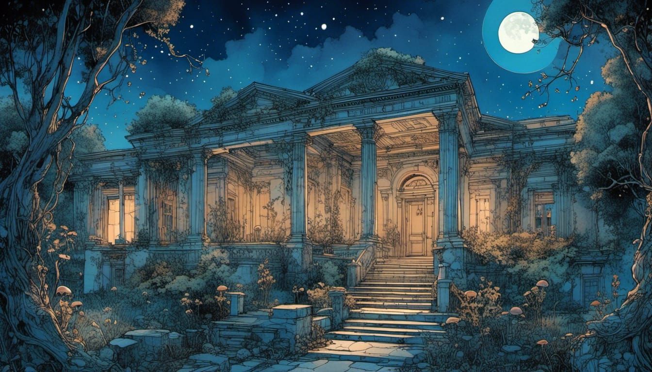 Mystical Roman Villa in Moebius Style Greek Garden