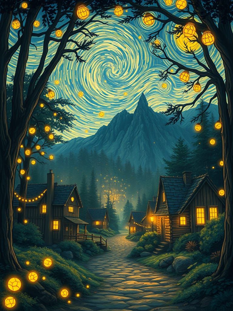 Village in Whimsical Forest with Glowing Fireflies