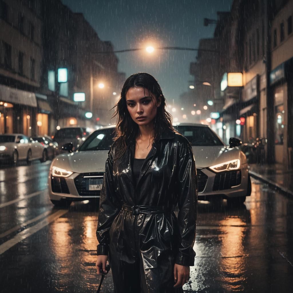 Rainy Night: Woman and Audi R8 in Cinematic Style