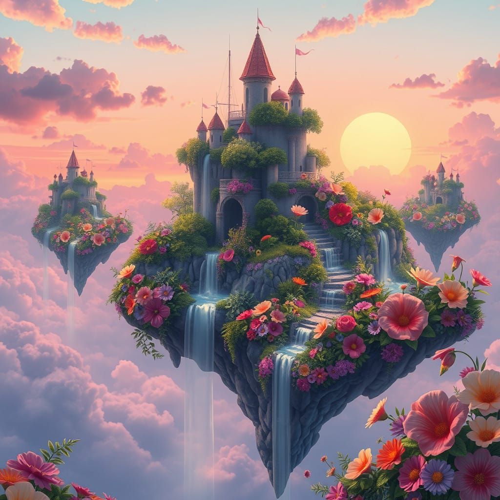 Floating Floral Paradises in Ethereal Sunset