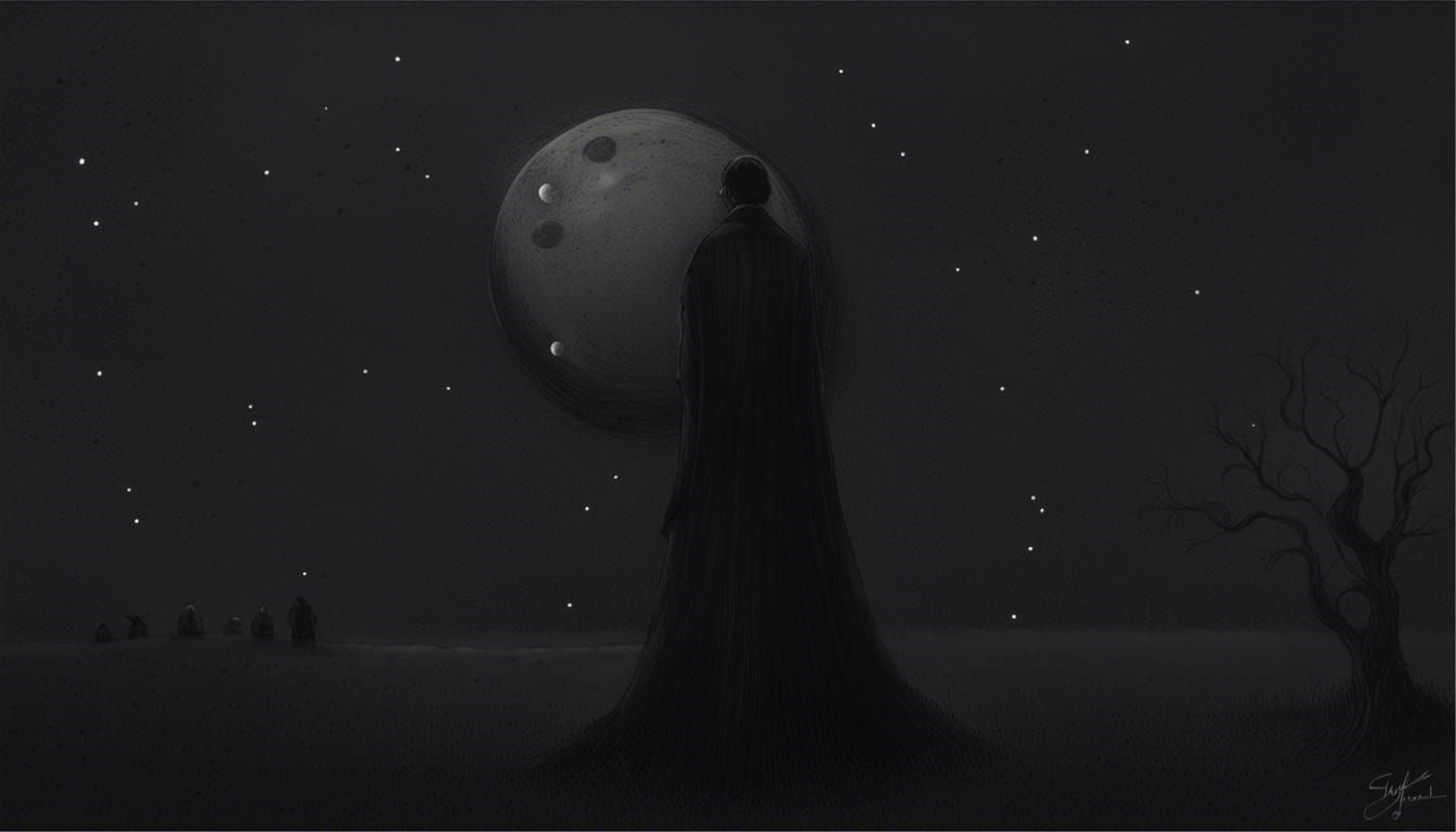 Surreal Dark Landscape with Black Stars