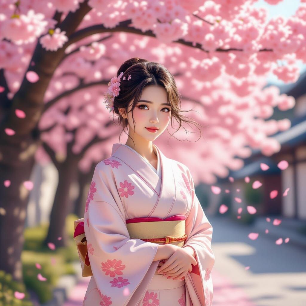 Anime Woman Under Cherry Blossom Tree