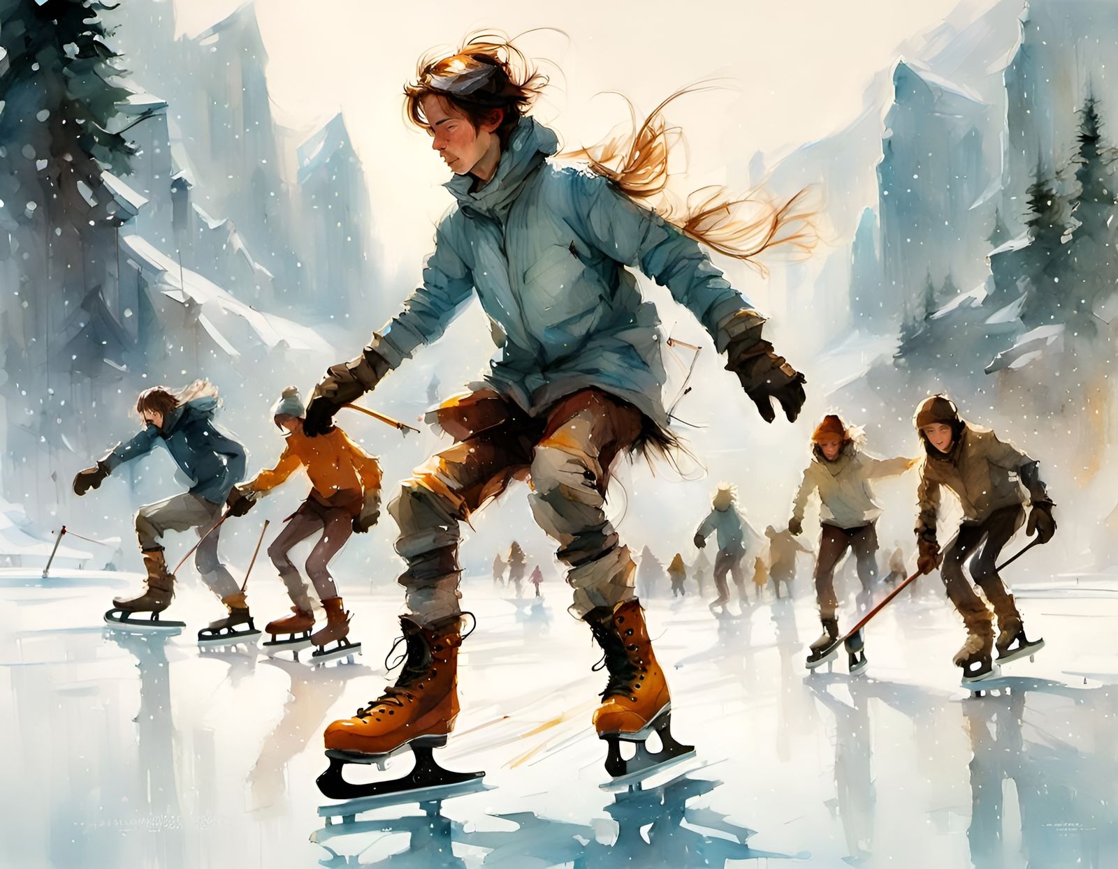 Winter Ice Skating in Watercolor Style