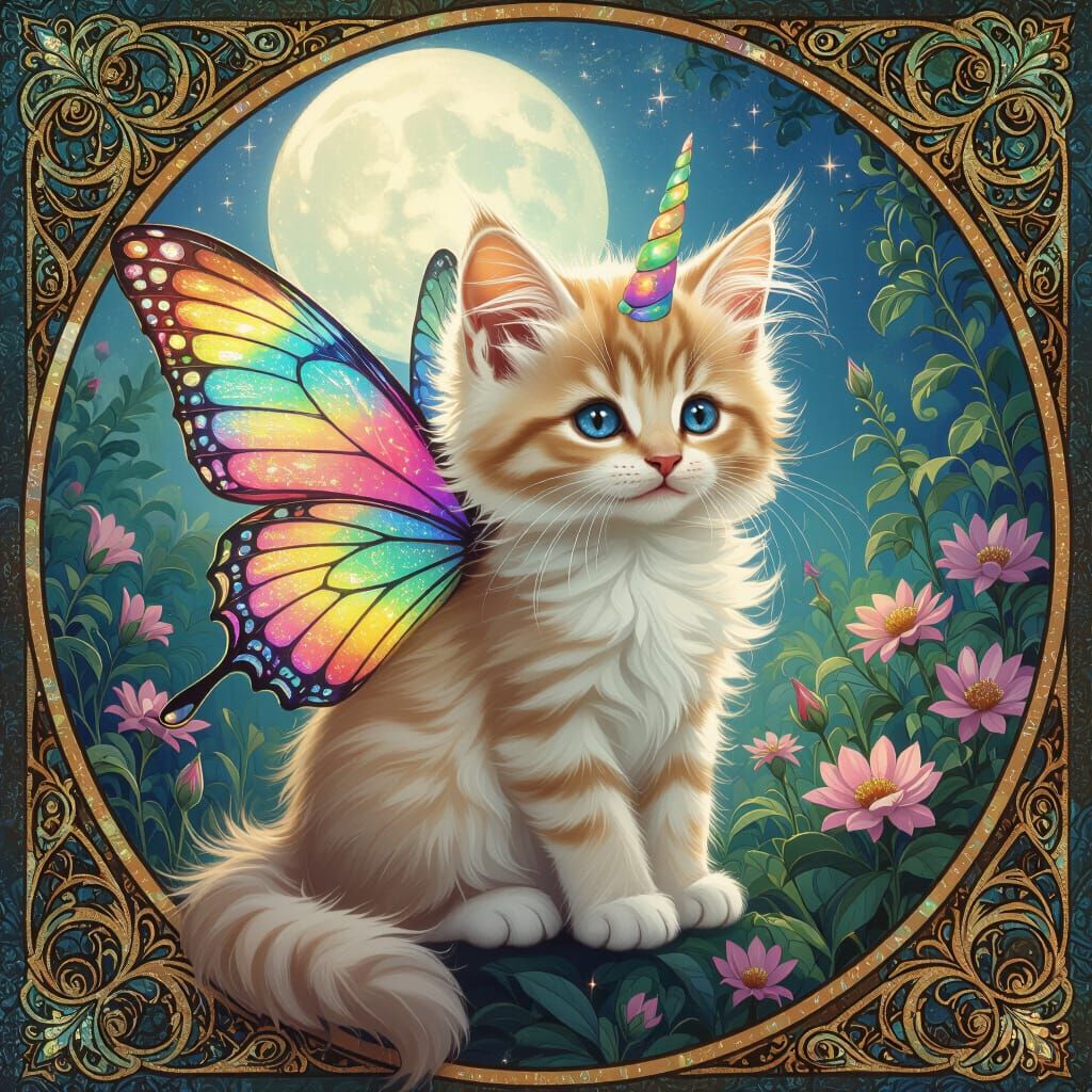 Rainbow Kitten in Art Nouveau Style of Maxfield Parrish