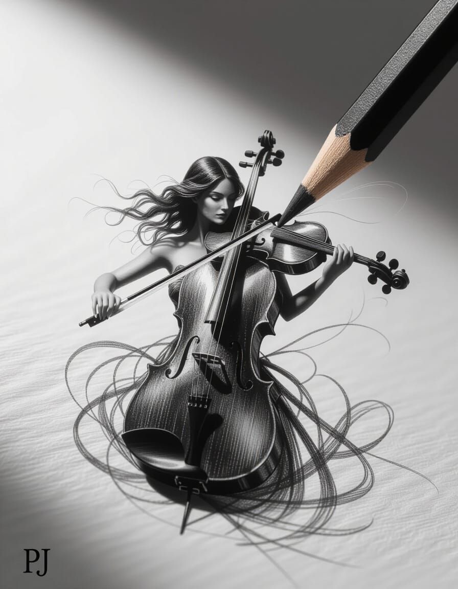 Charcoal Pencil Sketch Becomes Violinist in Cinematic Surrea...