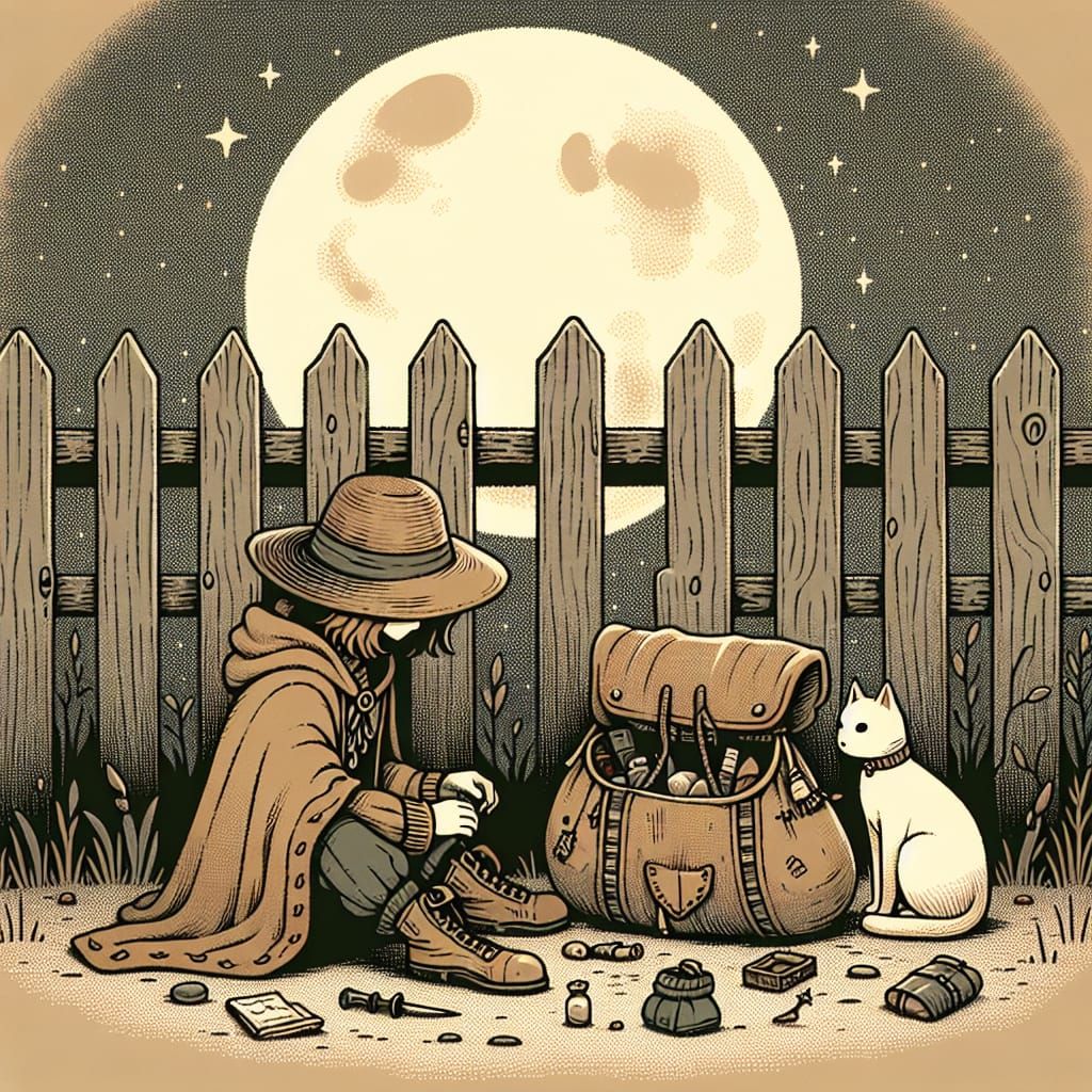 Mystical Moonlit Traveler with Cat and Treasures
