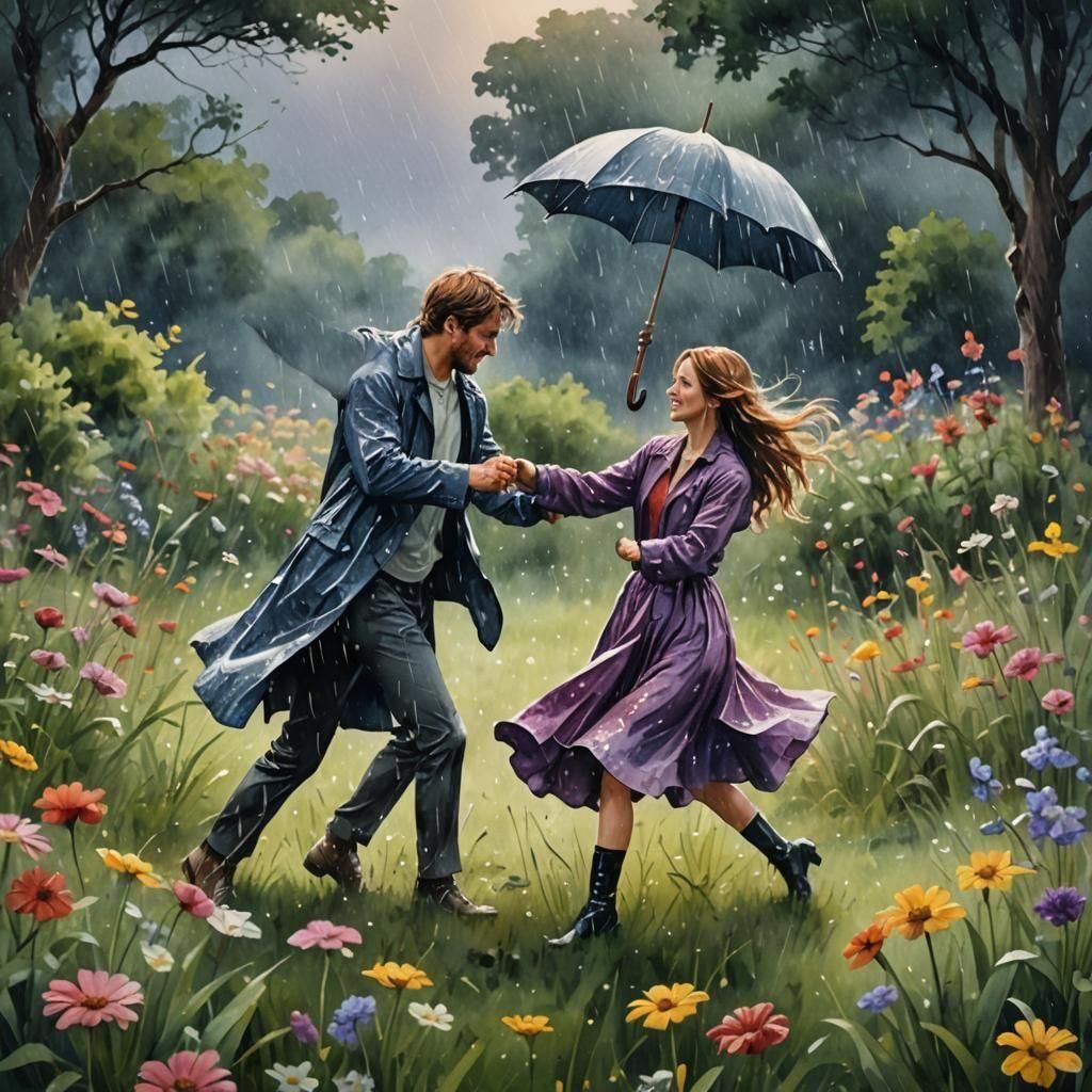 Lovers Dancing in the Rain: Watercolor Painting