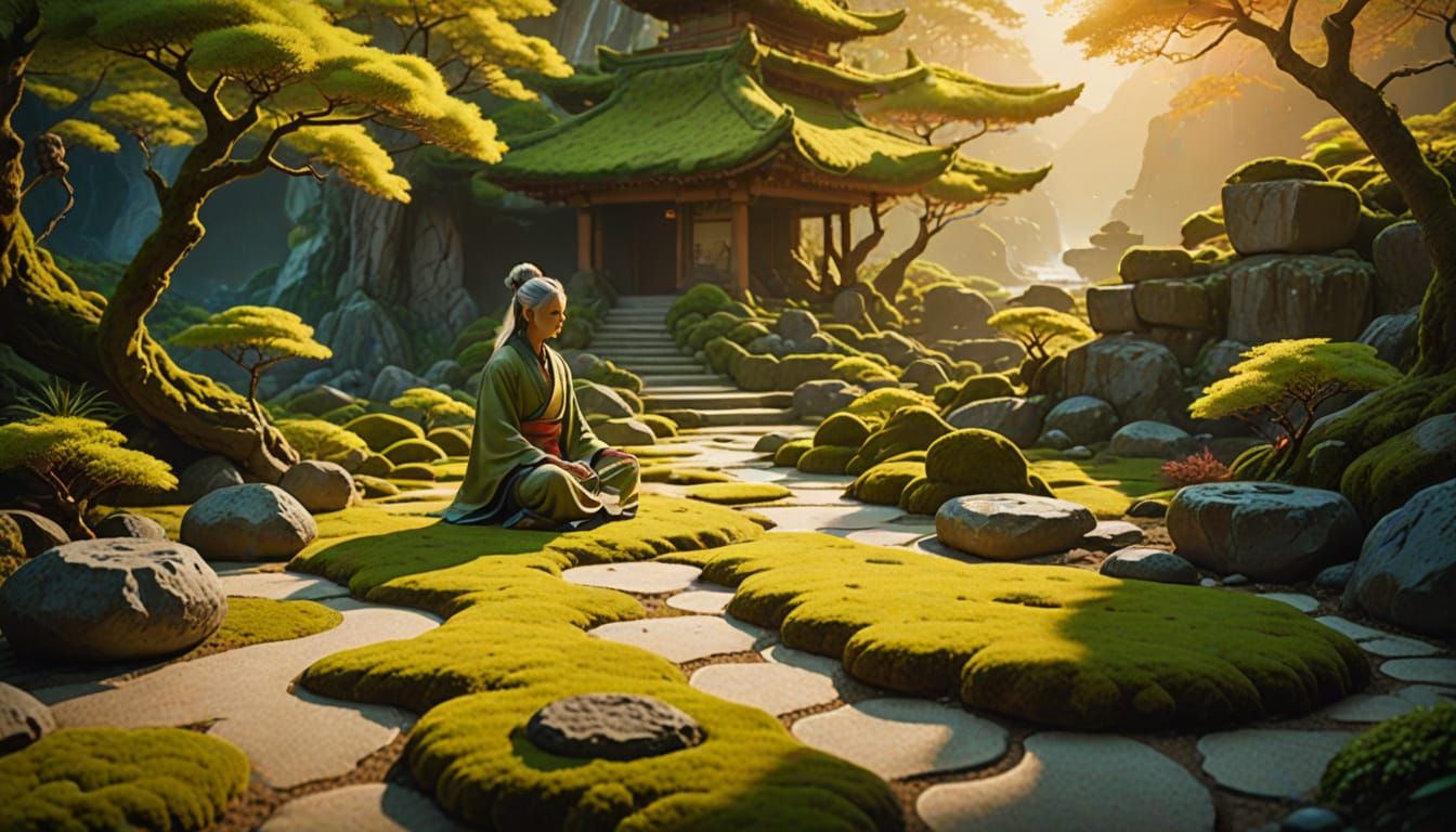 Cinematic Futuristic Zen Oasis in Vibrant Triadic Colors