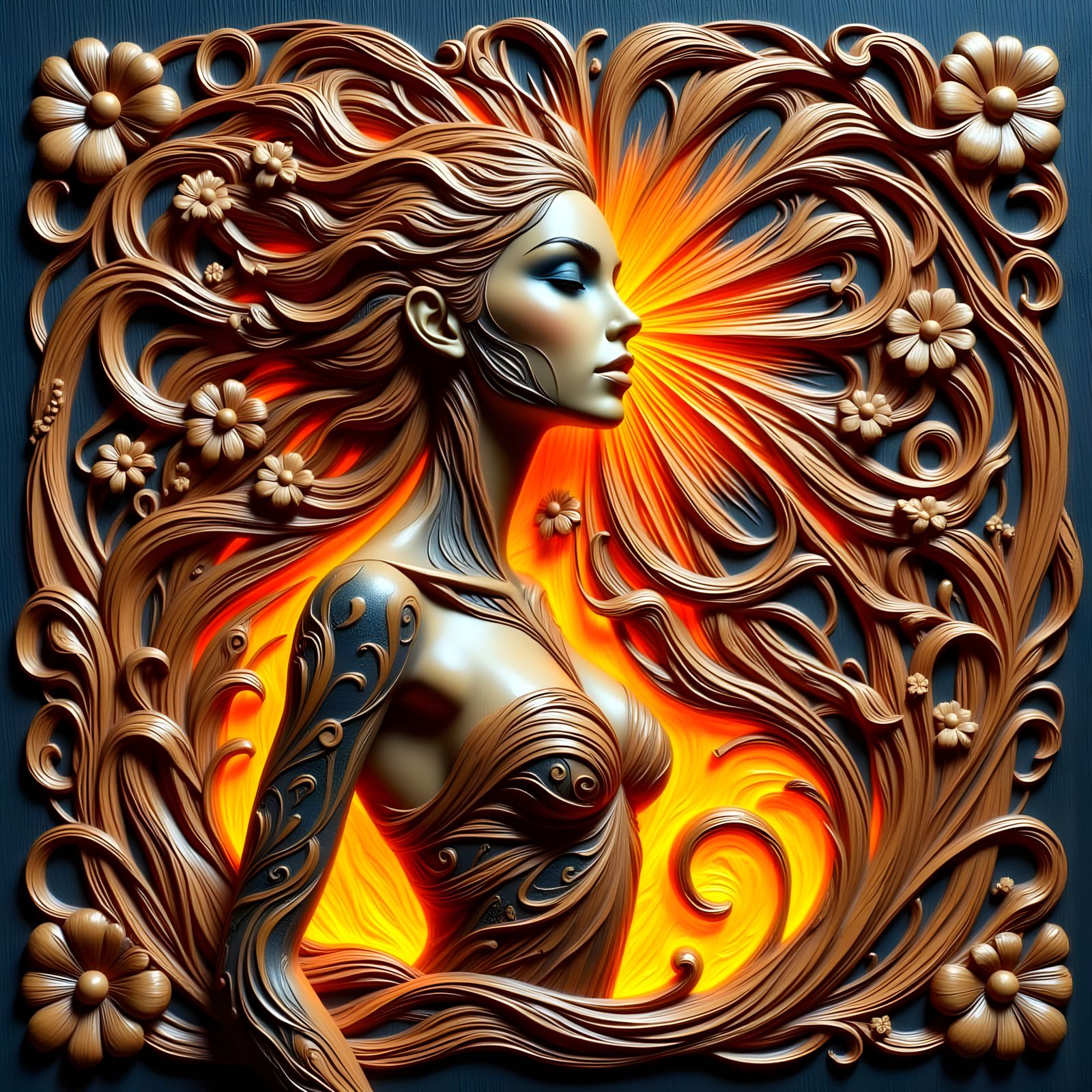 Alluring Woodcarved Goddess in Art Nouveau Style