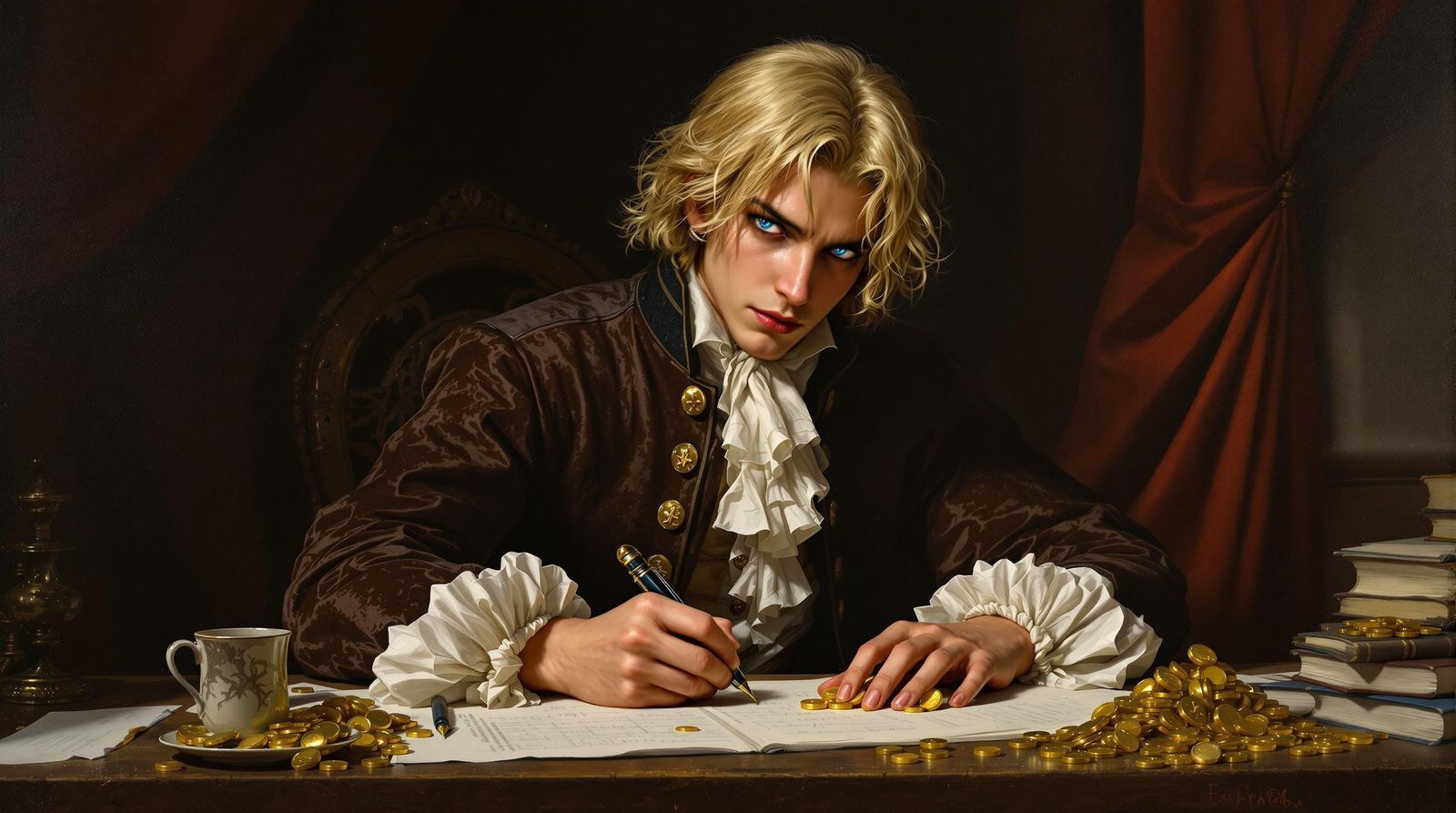 Merchant Counting Gold Coins: 18th Century Oil Painting