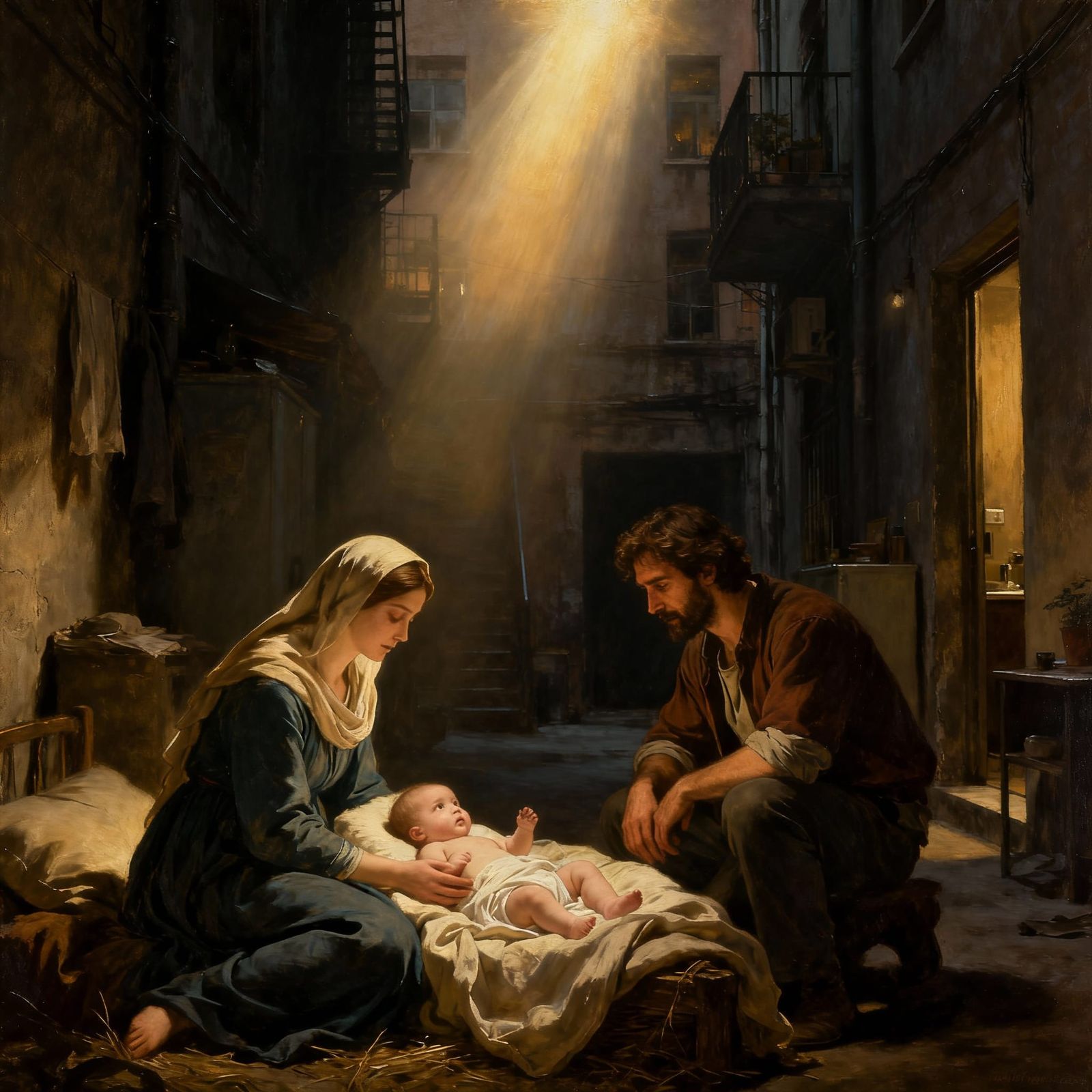 Modern Nativity Scene in Urban Alleyway