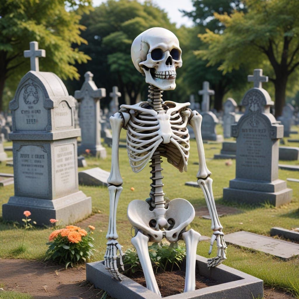 Kawaii Skeleton in Cemetery Illustration