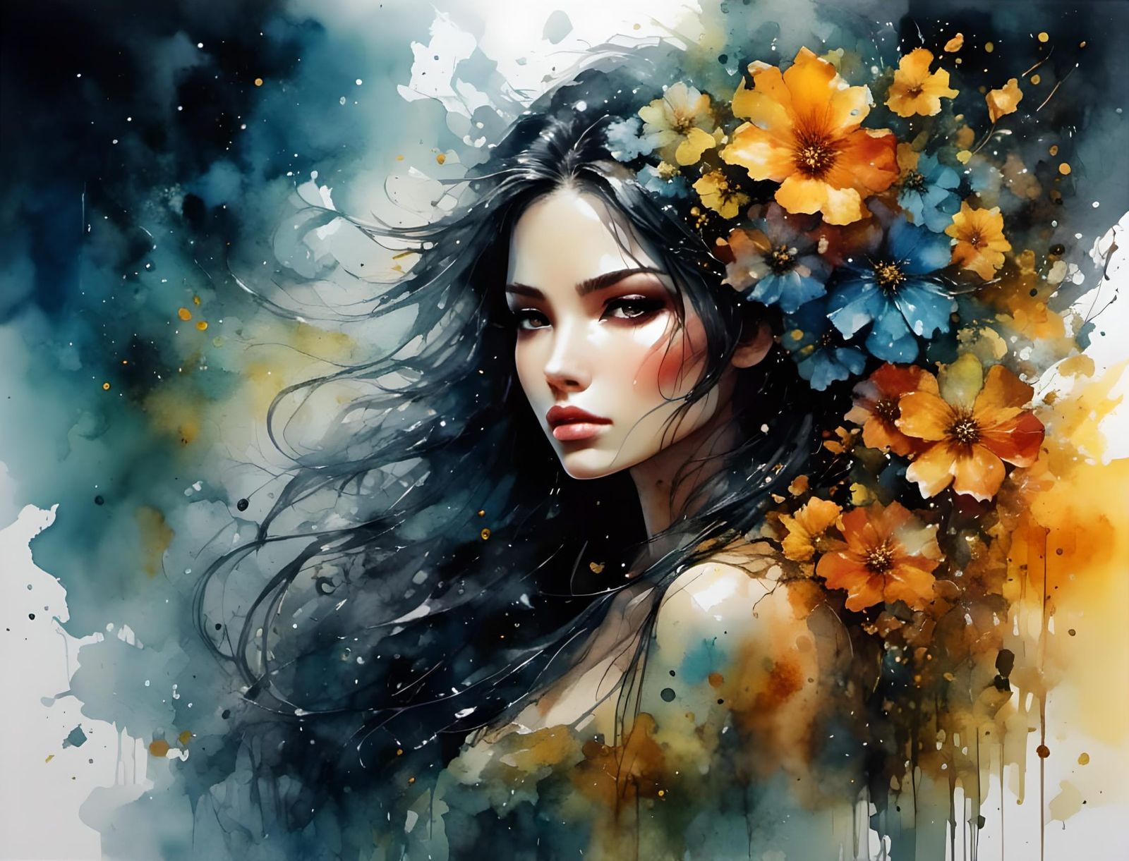 Surreal Watercolor Painting with Cyberpunk Elements