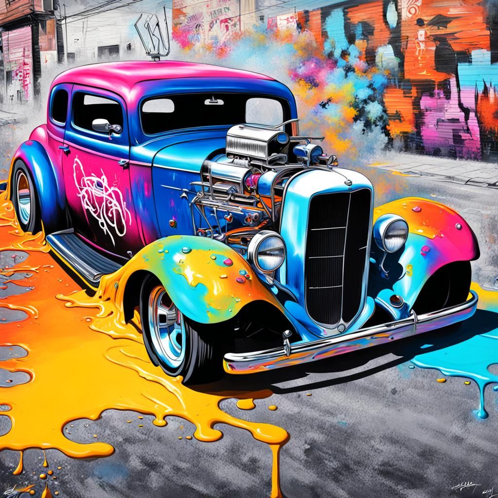 Graffiti Art Hot Rod in Splash Art Style