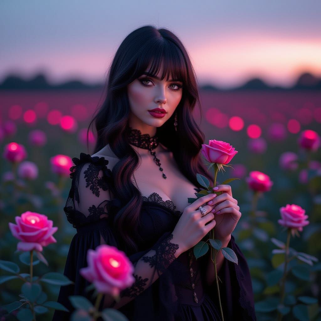 Gothic Woman in Rose Field at Twilight