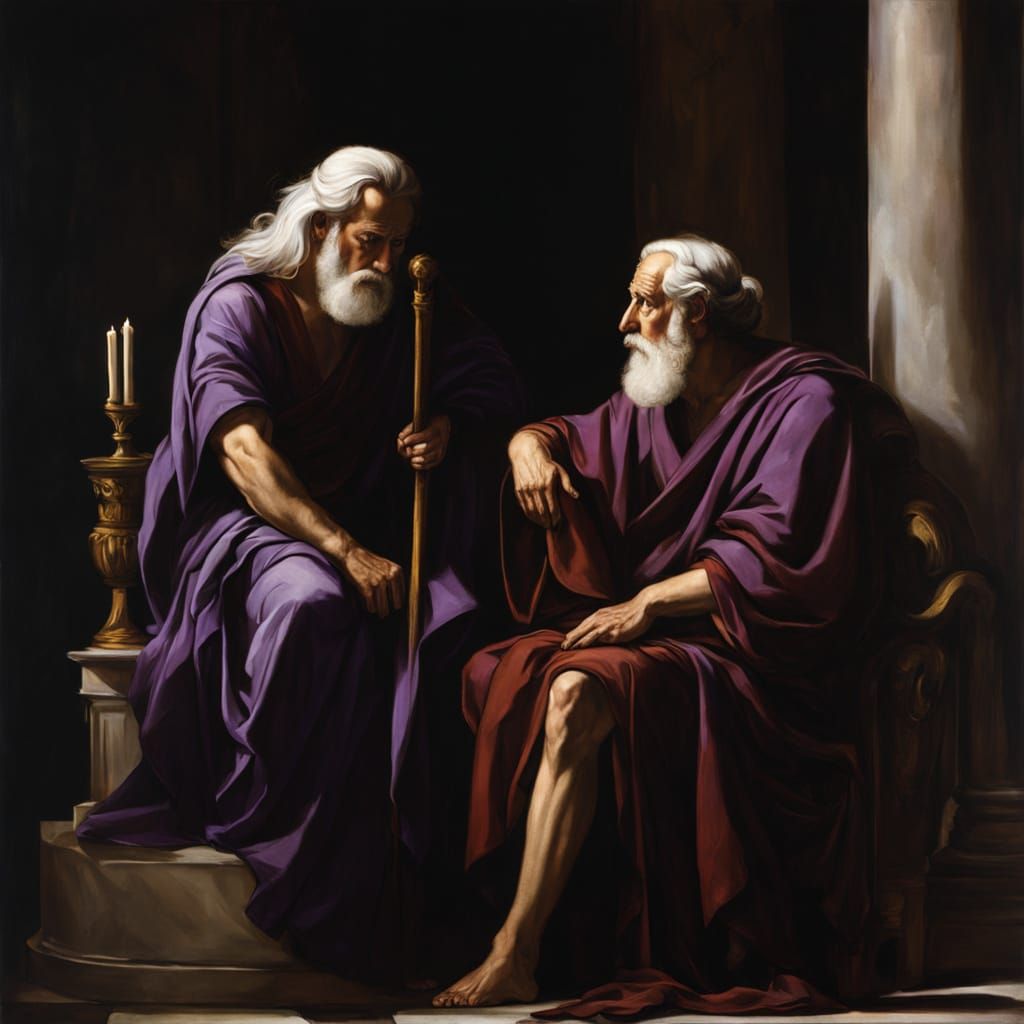 Elderly Greek Man Confronts King in Caravaggio Style