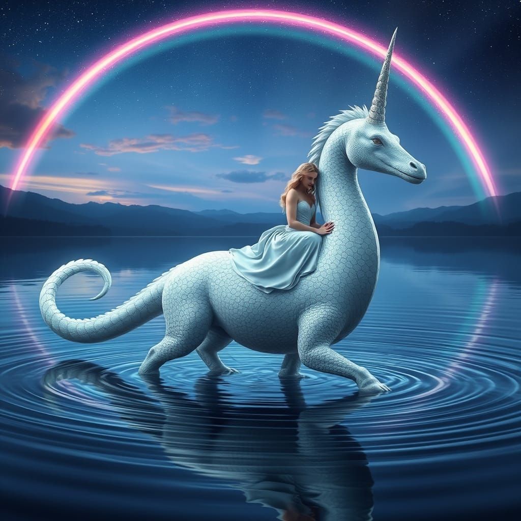 Majestic Silver Unicorn Rides Calm Lake Under Rainbow