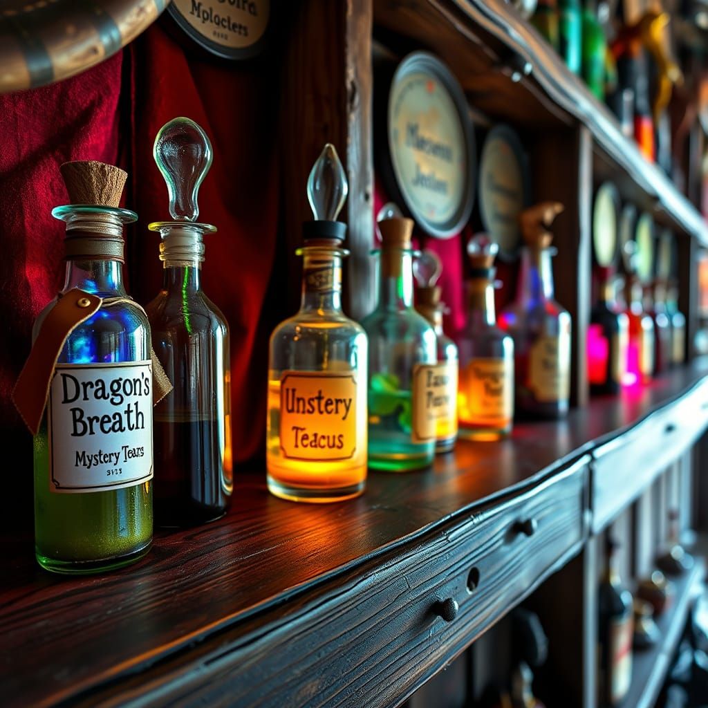 Whimsical Apothecary Shelf with Glowing Potions