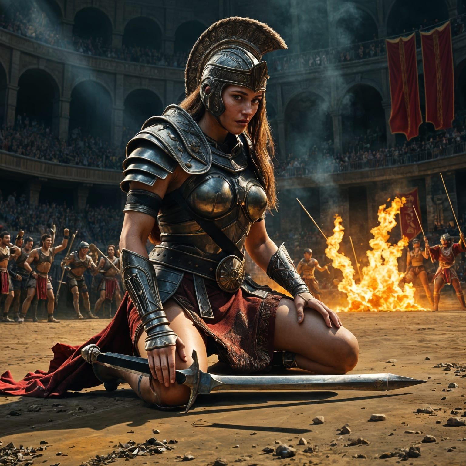 Female gladiator kneeling in the arena, others fighting in the background, and the crowd cheering. Very realistic photo ...