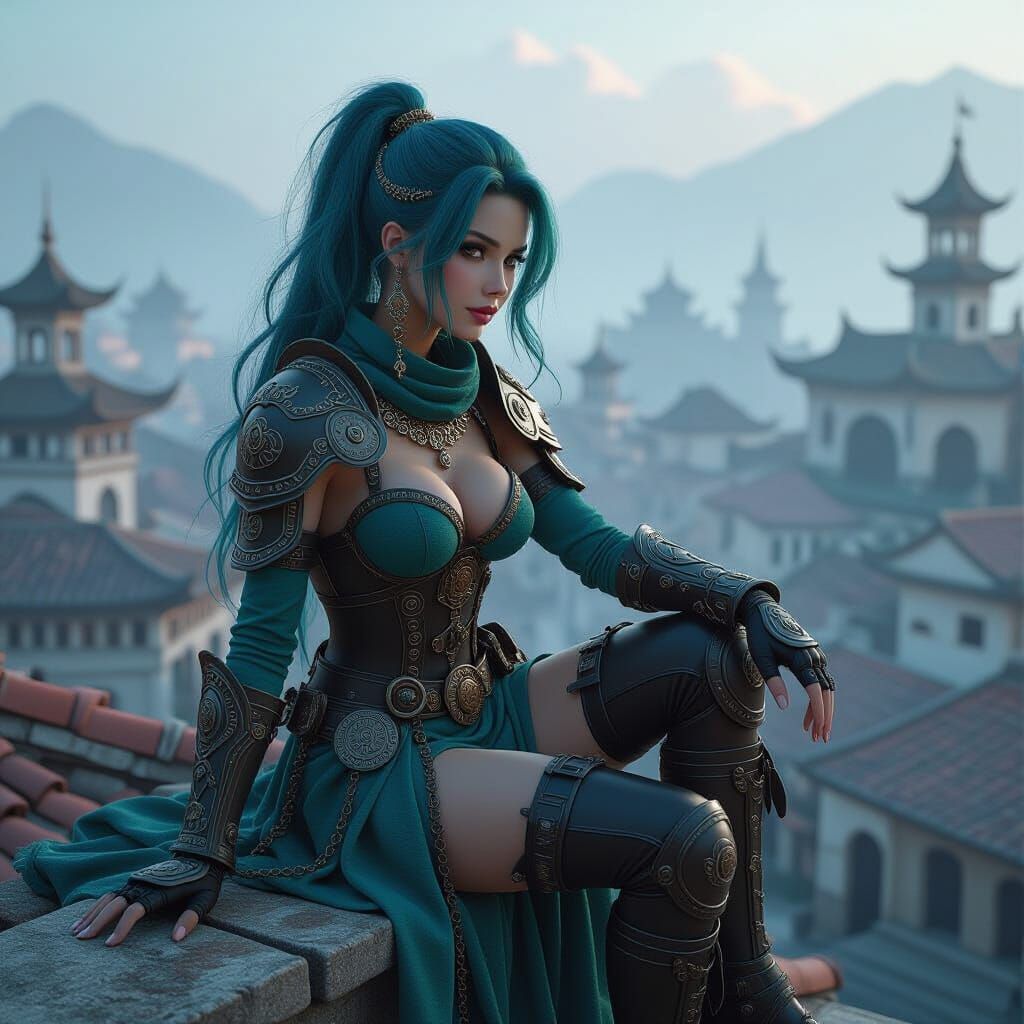 Steampunk Gypsy Warrior Overlooking Medieval City in Anime S...