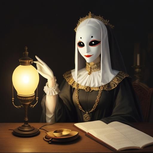 Surreal Gift Bearing Scene Inspired by Miró and van Eyck