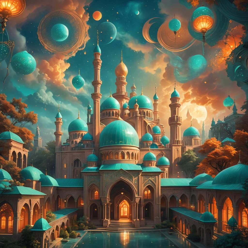 Eid Al-Fitr Greetings Card with Mosque in Art Nouveau Style