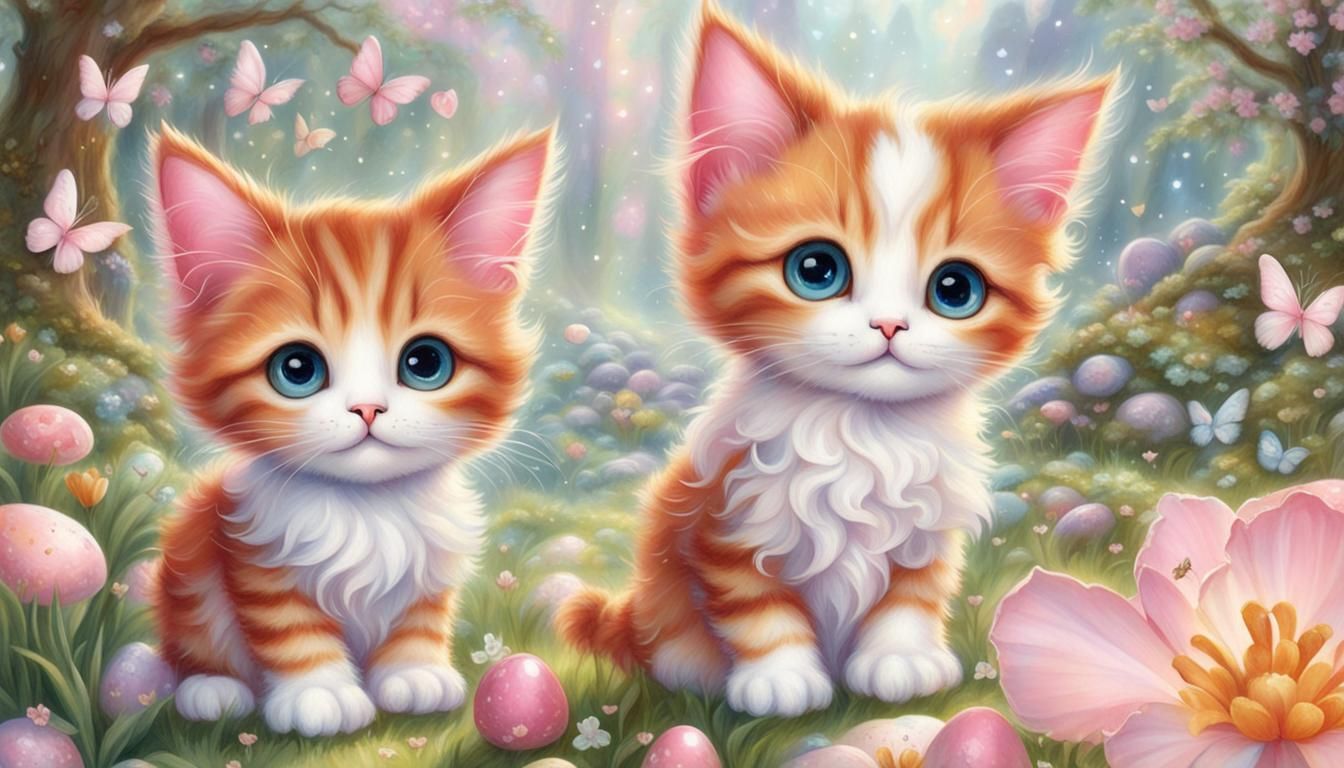cute pink and ginger fairy kittens chibi, big sparkly eyes easter white hearts ethereal fantasy hyperdetailed mist Thoma...