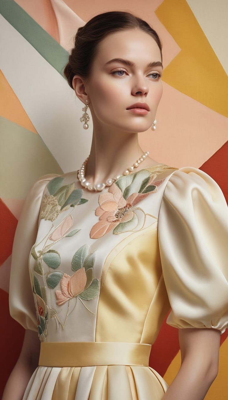 Elegant Woman Posing in Front of a Vibrant Cubist Masterpiec...