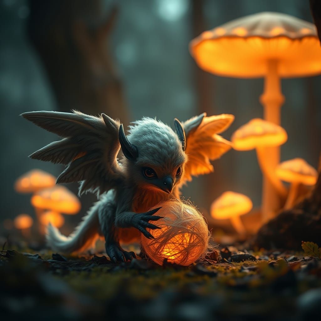 Chibi Griffin Plays in Mystical Dark Fantasy Forest