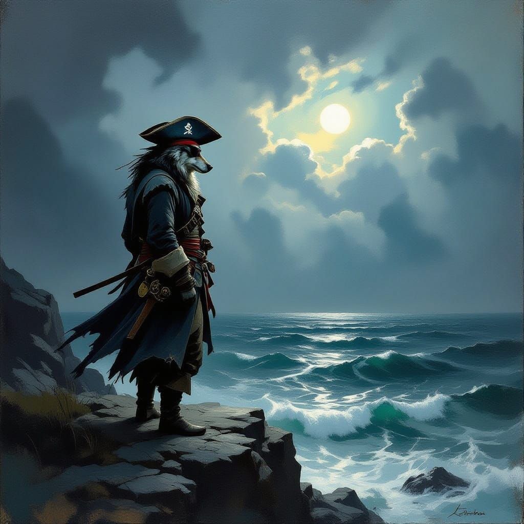 Pirate Wolf on Stormy Cliff Overlooking Sea