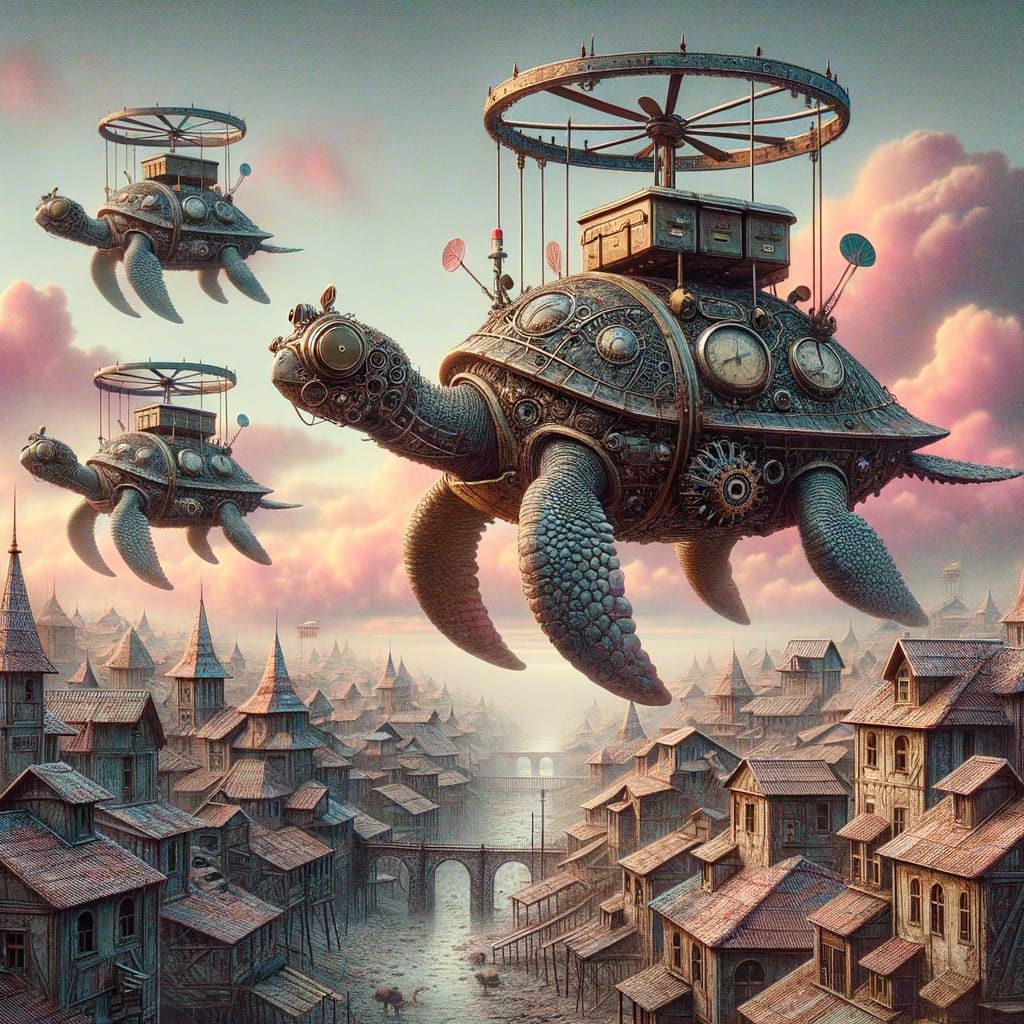 Steampunk Turtle Mail Delivery in Medieval Village