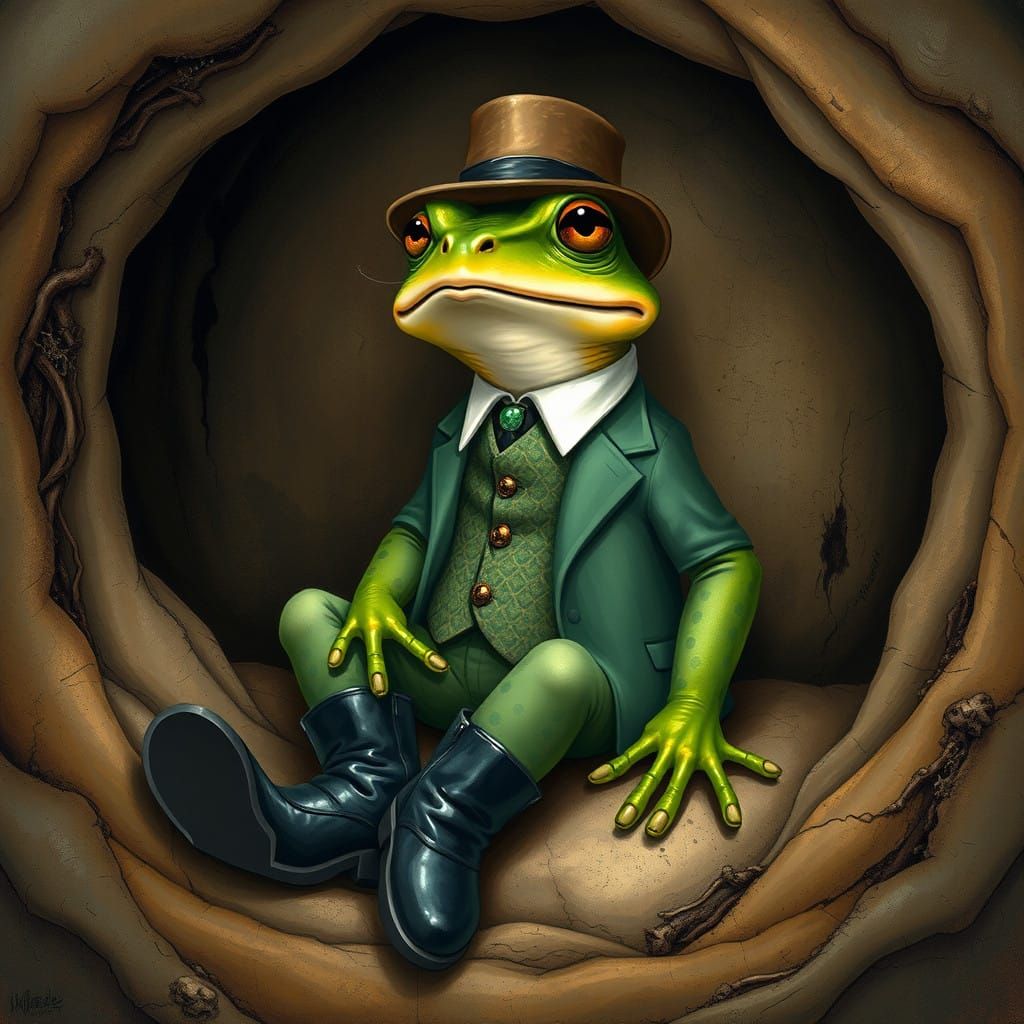 A Dapper Green Toad in a Rustic Hole