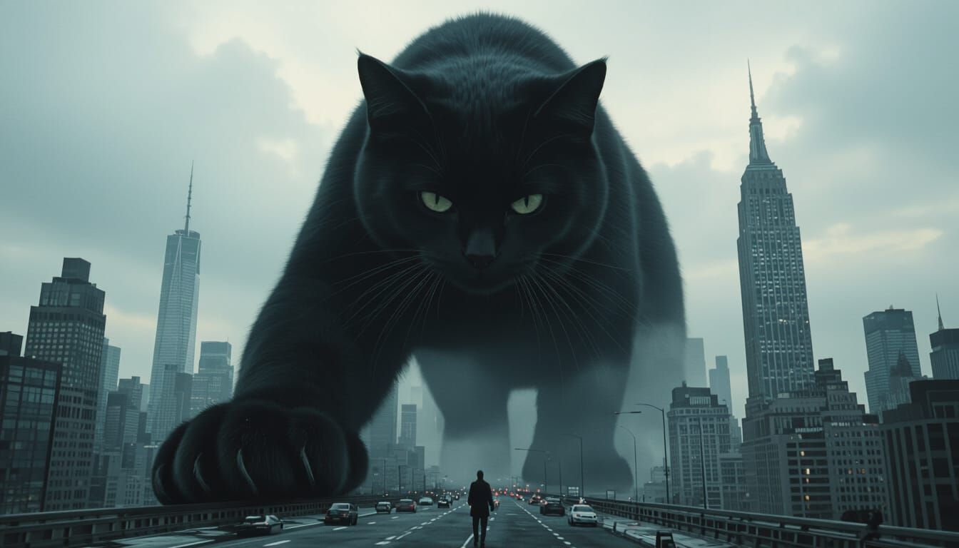 Giant Cat Topples Skyscraper in Cinematic Cityscape