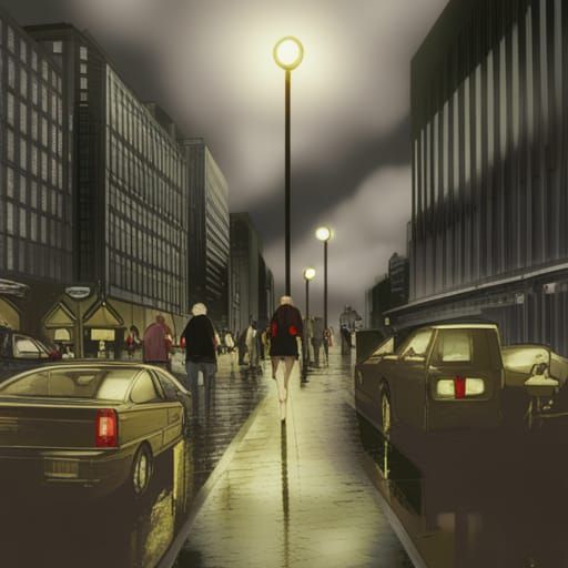 Rainy Nightlife Scene in Anime Style