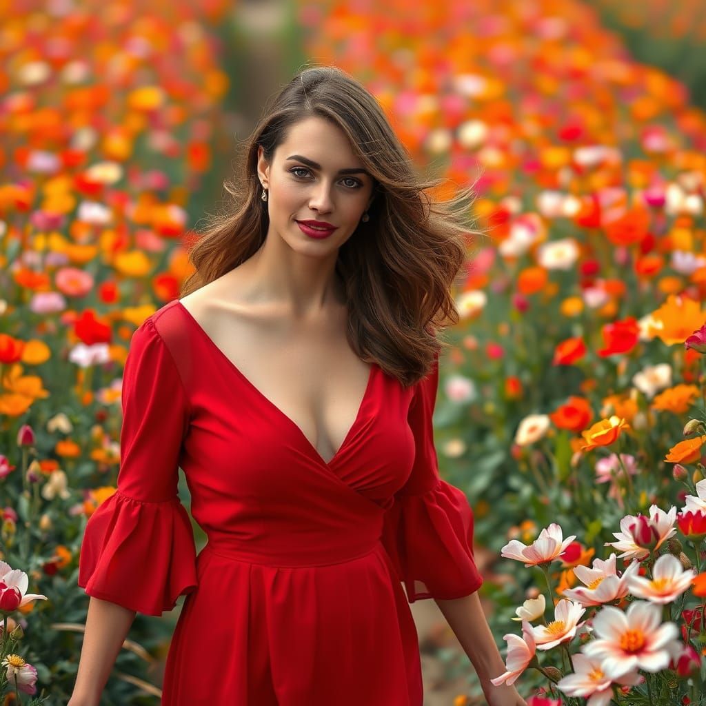 Elegant Woman in Flower Field: Impressionist Style