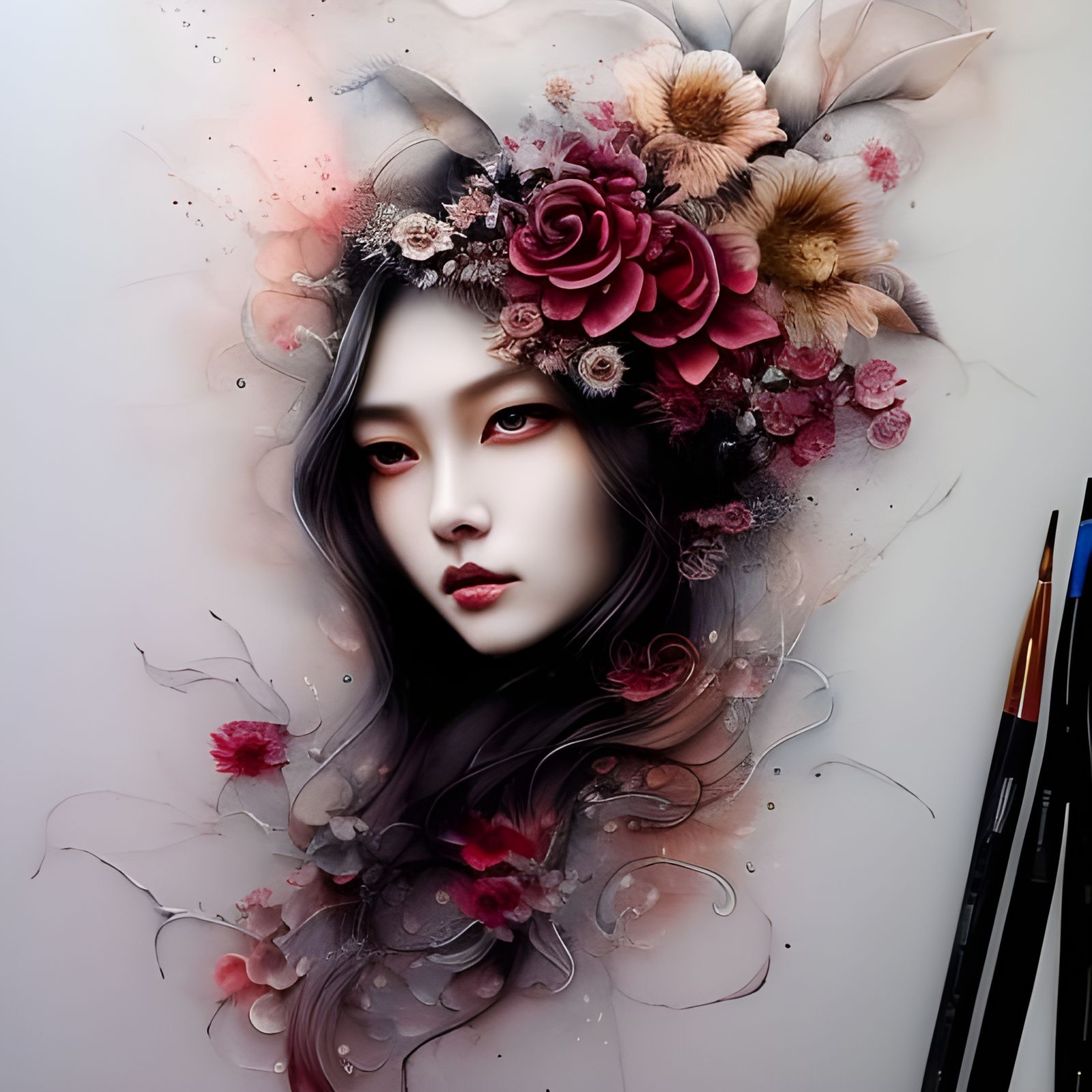 Asian Woman with Dragon Tattoo in Watercolor Style