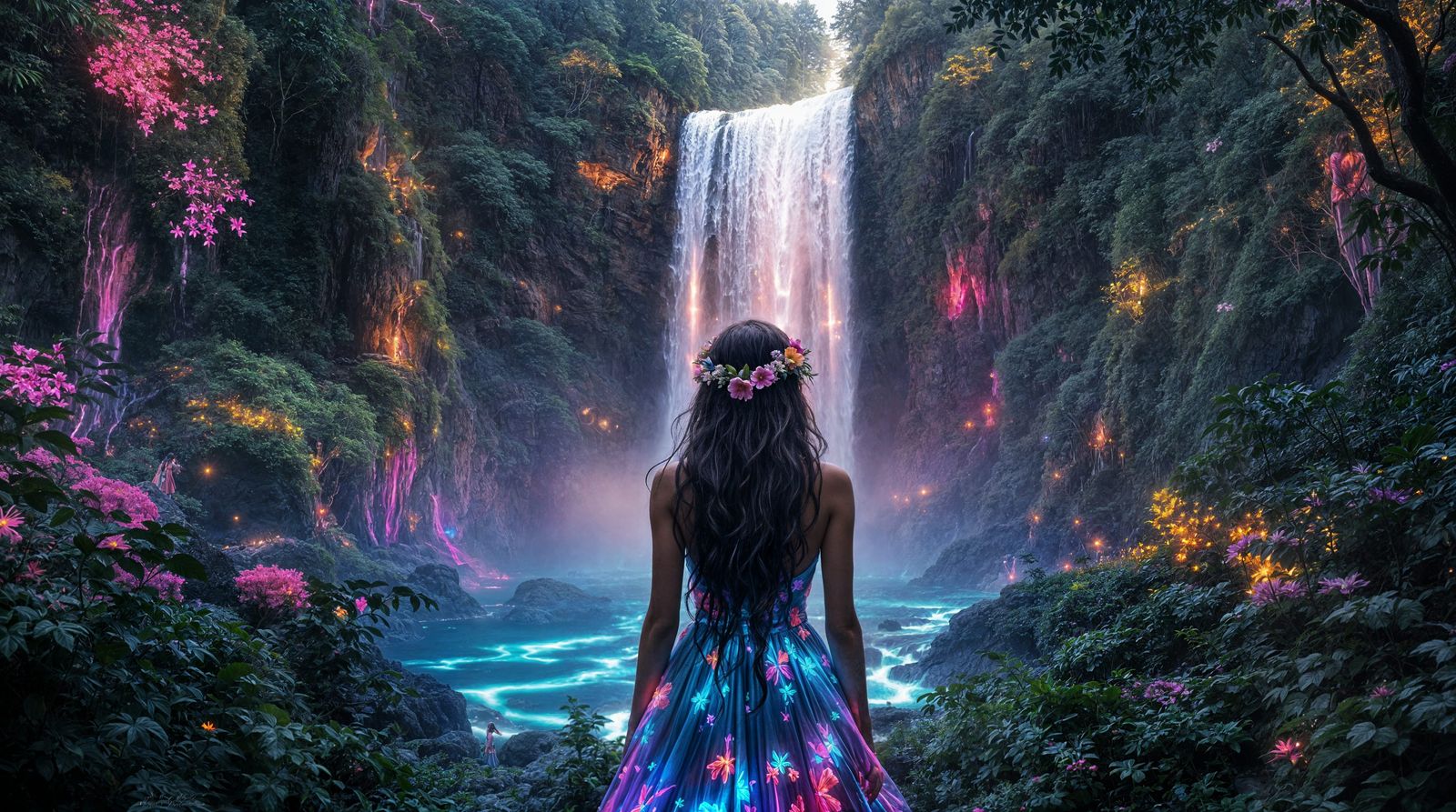 Neon Bohemian Woman at Bioluminescent Waterfall
