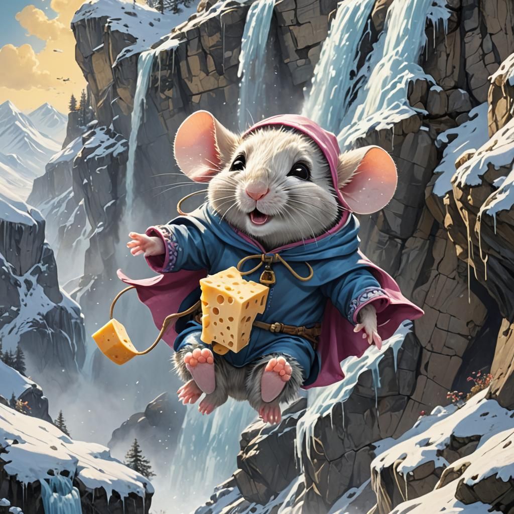 Mouse Skydiving in Snowy Mountains with Cheese