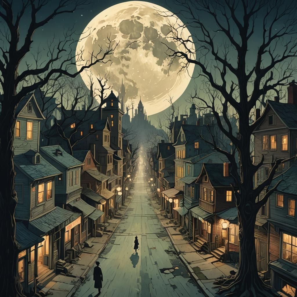 Ethereal Moonlight Over Decayed American Town