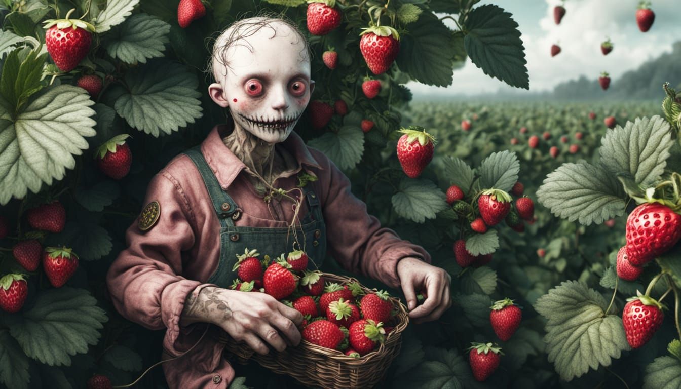 Scary Cute Man with Button Eyes in Strawberry Bushes