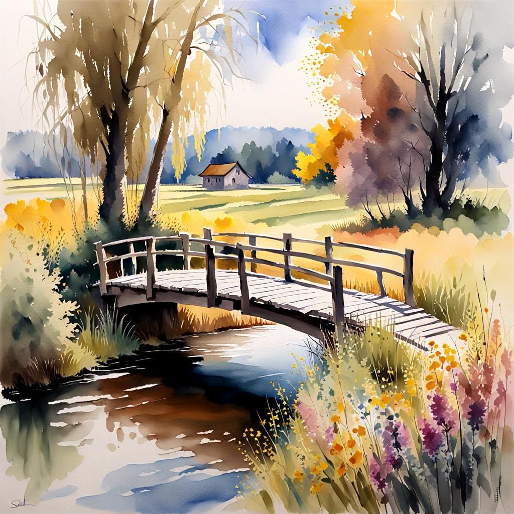 Watercolor River Landscape with Wooden Bridge